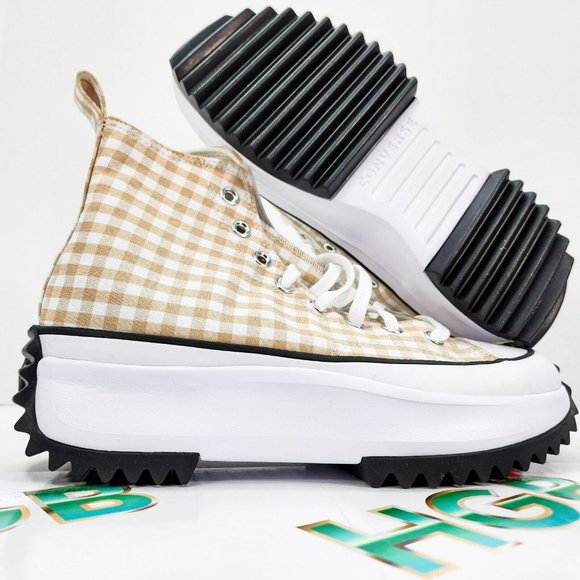Converse Run Star Hi Platform Shoes Women's  Beige White Plaid Canvas A05999C - Picture 1 of 8